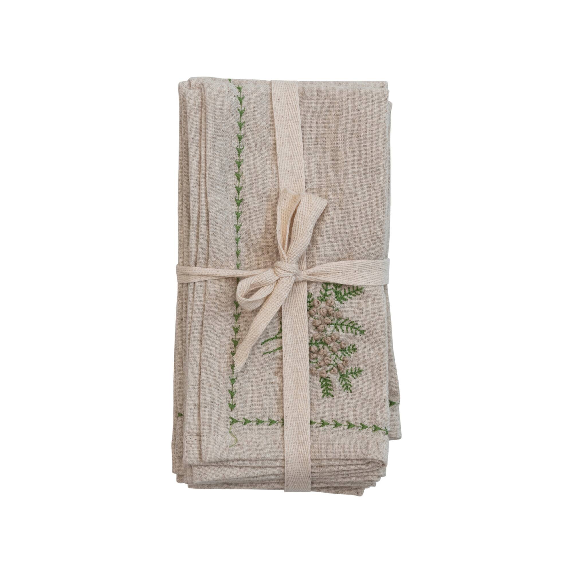 Hello Honey® 18" Natural & Green Square Cotton & Linen Napkins with Botanical Embroidery, 4ct.